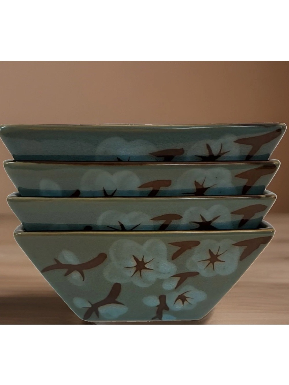 Set of 4 Pier 1 Imports Tranquil 6" Square Cereal Soup Bowls Cherry Blossom EUC